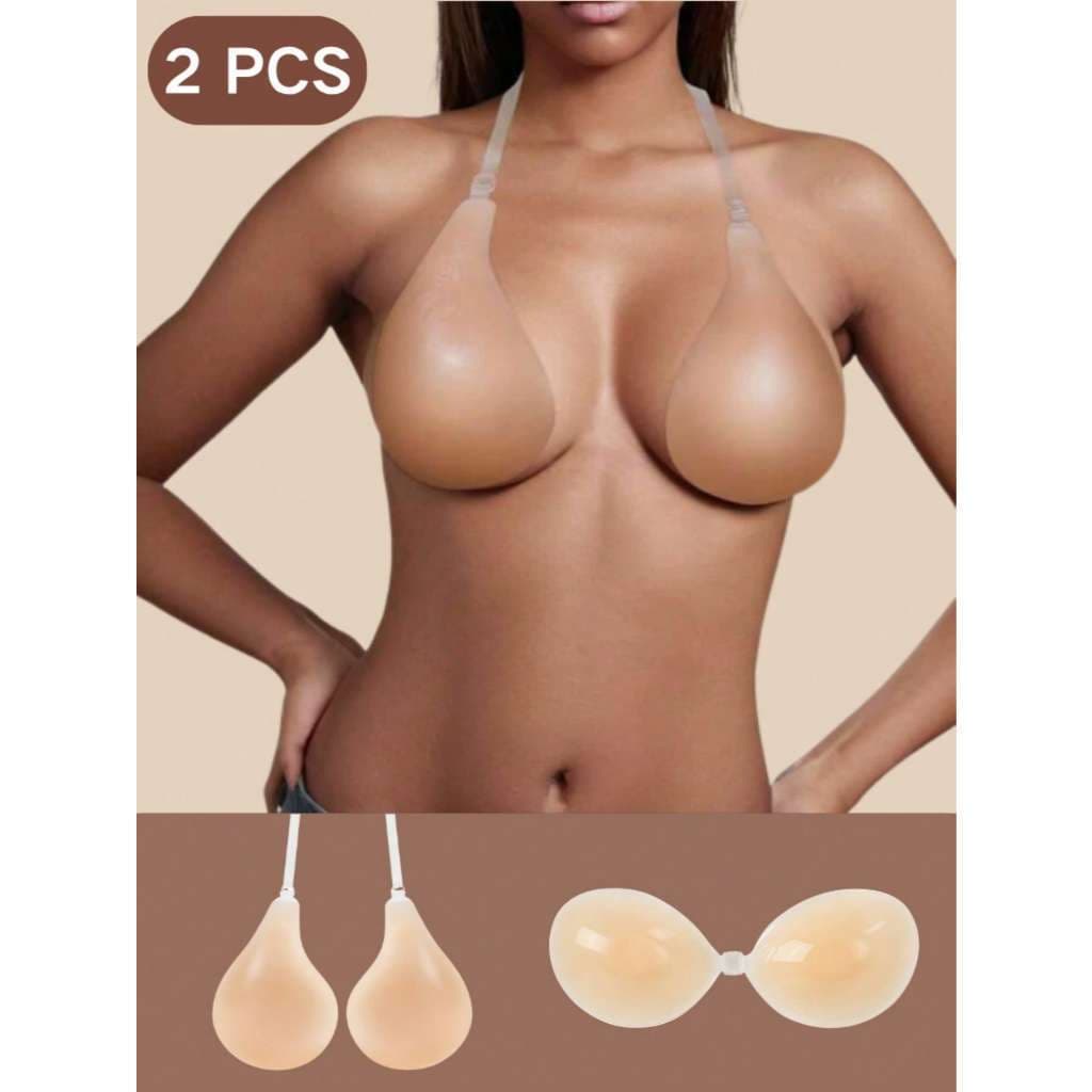 Kit 2 Peças Sutiã Adesivo Invisível Silicone + Levanta Seios Push Up, Reutilizável, Sem Costura, Costas Nuas