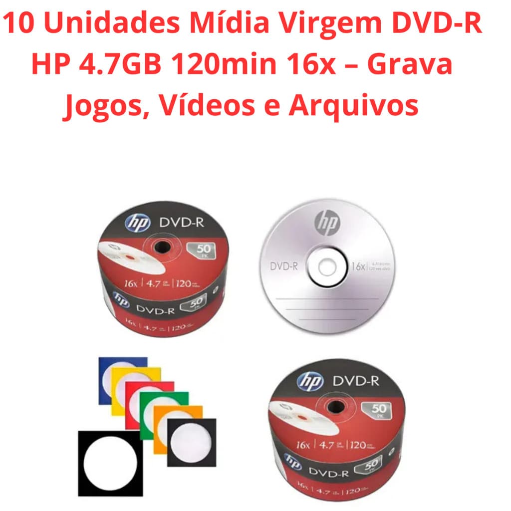 10 Unidades Mídia Virgem DVD-R HP 4.7GB 120min 16x – Grava Jogos, Vídeos e Arquivos