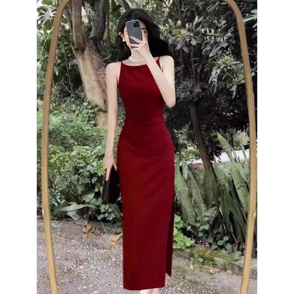 Design francês sentido uma linha pescoço cintura estreita fenda vestido feminino verão temperamento mais magro olhar est