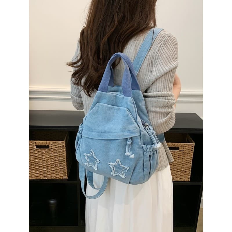 Lona Denim pequena mochila feminina versão coreana bonito estrela mochila grande capacidade de um ombro mensageiro dupla