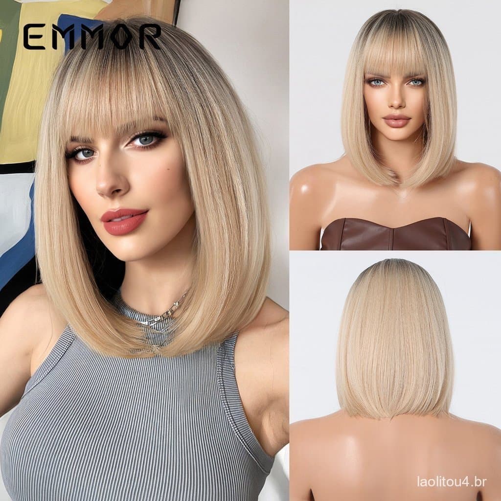 Natural respirável franja completa loira curto cabelo reto estilo europeu americano peruca de cabeça cheia