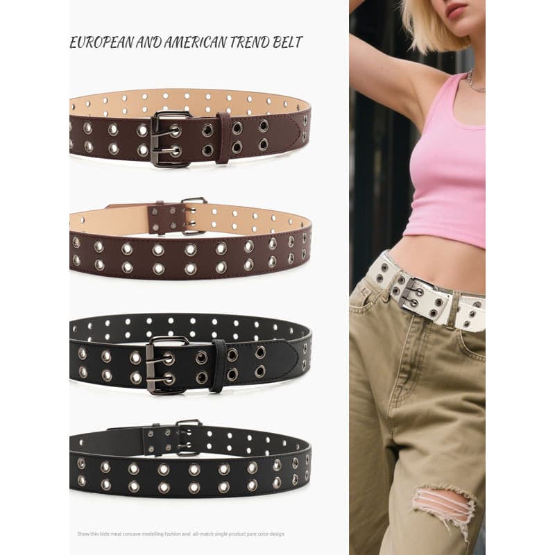Rock Hip Hop fivela de pino duplo masculino feminino Metal fileira dupla oco rebite olho senhoras cinto All-Match Jeans