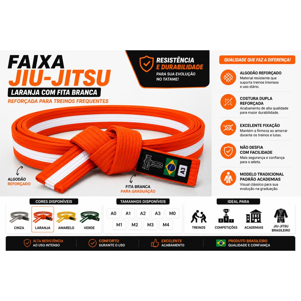 Faixa Graduação Jiu Jitsu Com Fita Branca Modelo Tradicional Costura Dupla Reforçada
