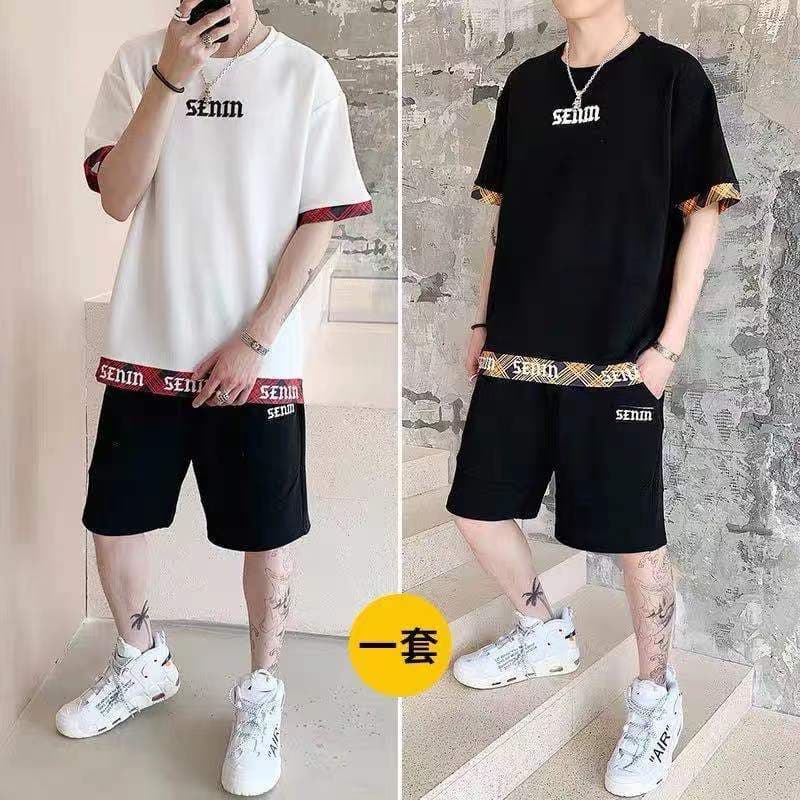Terno Casual masculino esportes verão estilo fino gelo seda Shorts de manga curta roupas da moda roupas masculinas um co