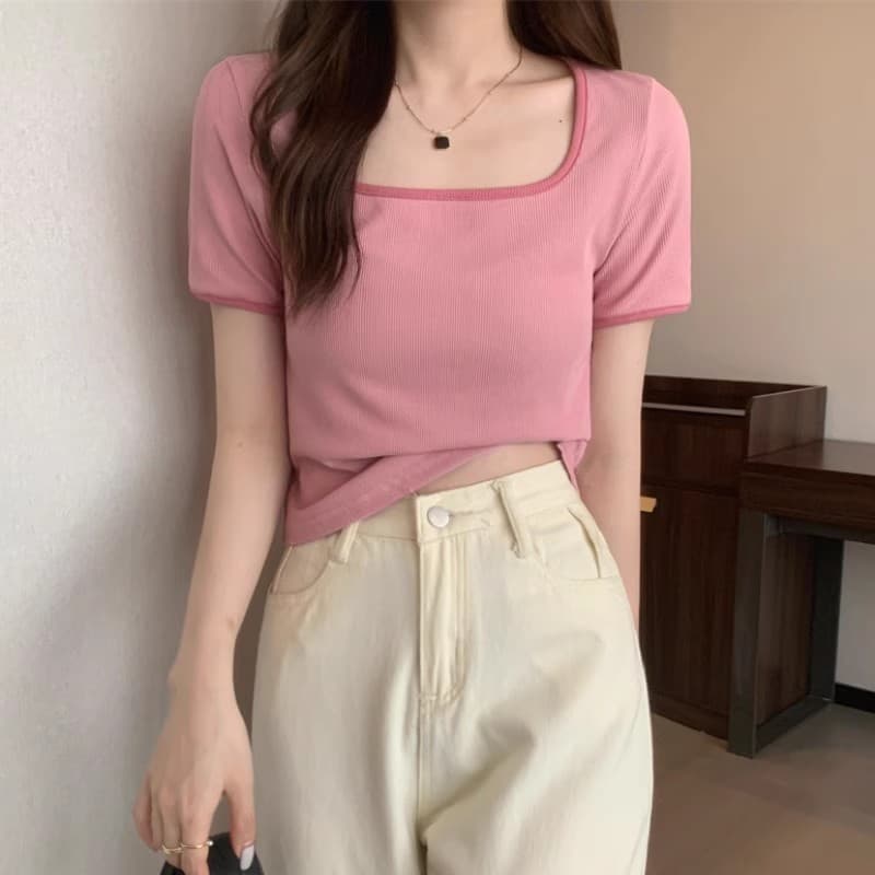 Menina quente rosa u-pescoço genuíno ombro de manga curta camiseta feminina verão algodão fino-ajuste mais magro olhar c