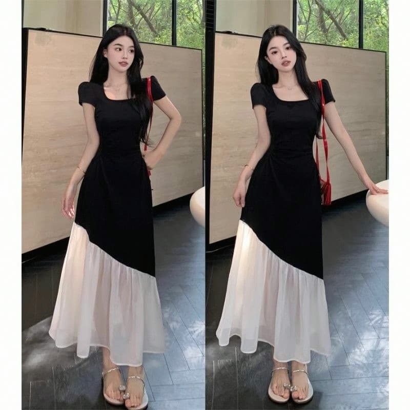 Tamanho grande francês vestido de manga curta feminino verão cintura estreita mais magro olhar costura saia longa ligeir