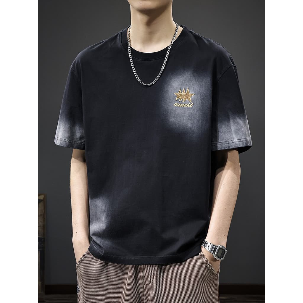 High-End Street Wear gradiente de manga curta camiseta masculina verão novo estilo americano solto All-Match impresso Ca