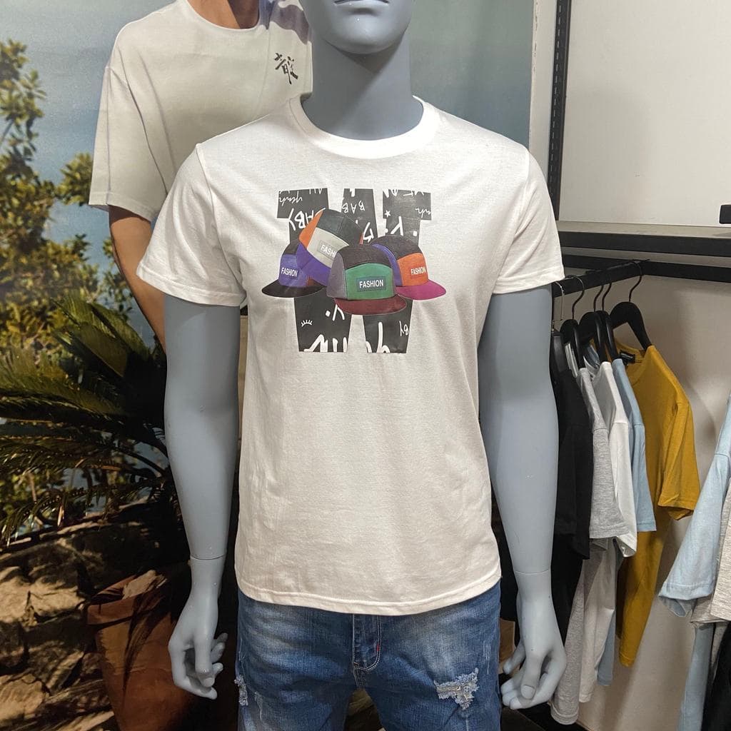 JJ corte etiqueta masculina verão novo estilo fino em torno do pescoço puro algodão Casual estiramento fino ajuste impre