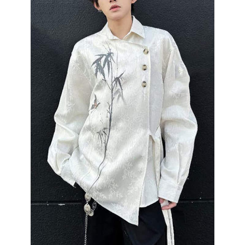 Camisa masculina de manga comprida nova concepção artística de seda chinesa Jacquard High-End topo Retro Diagonal carcel