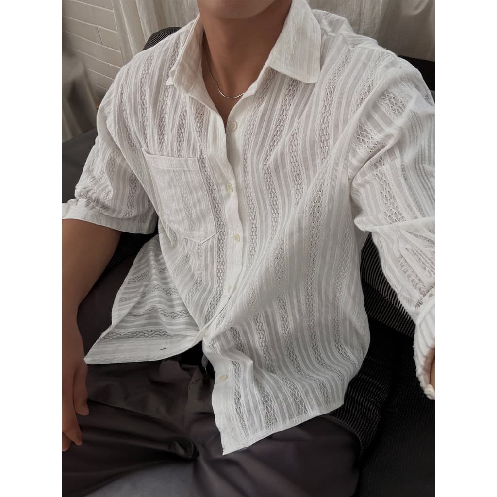 Verão oco renda Design camisa de manga curta masculina verão na moda férias à beira-mar All-Match respirável camisa Casu