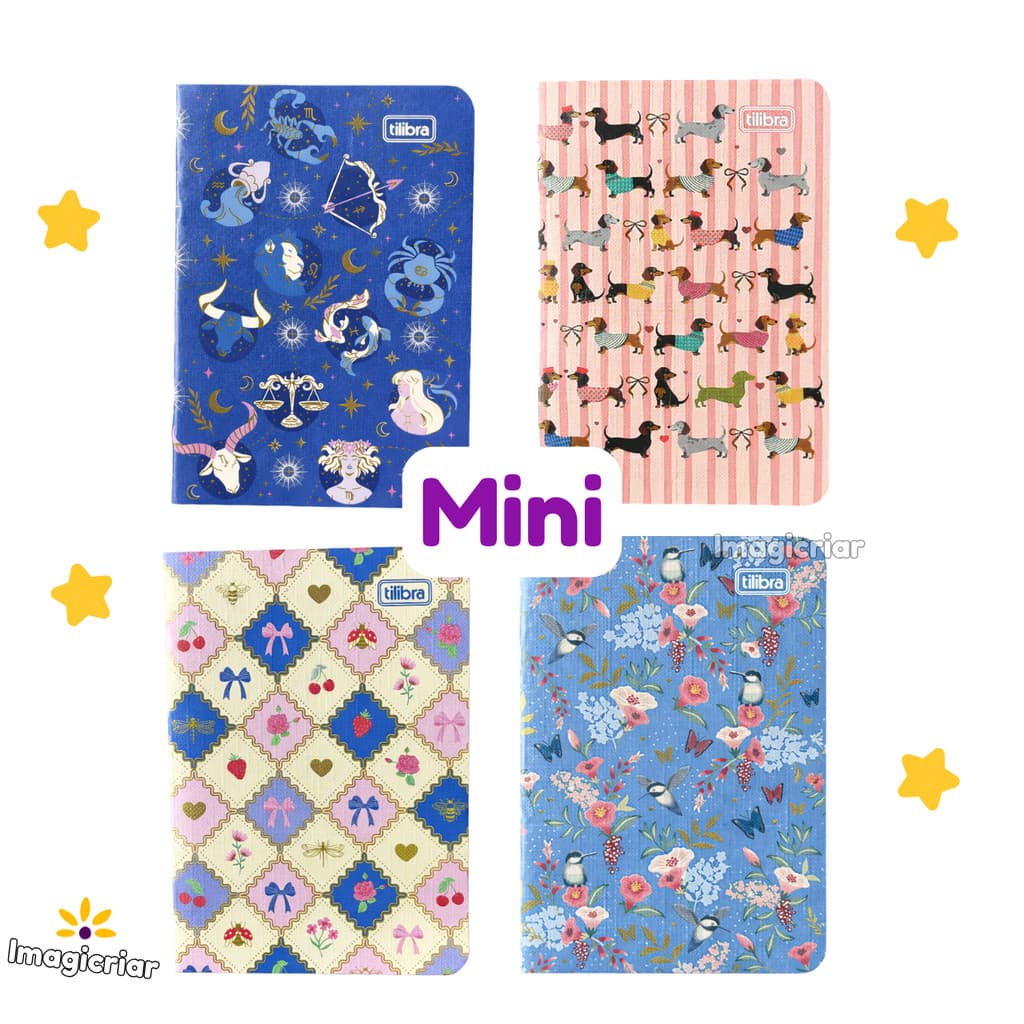 Caderneta Mini Grampeada Trend Encanto Tilibra | Cachorrinhos, Cerejas, Pássaros, Signos
