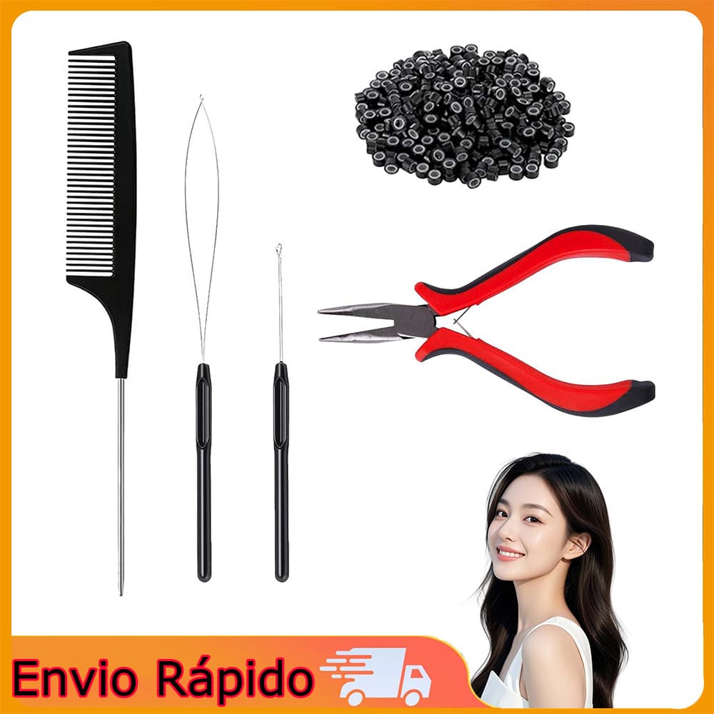 conjunto para extensões de cabelo: alicate + 2 agulhas + 100 microanéis de ligação