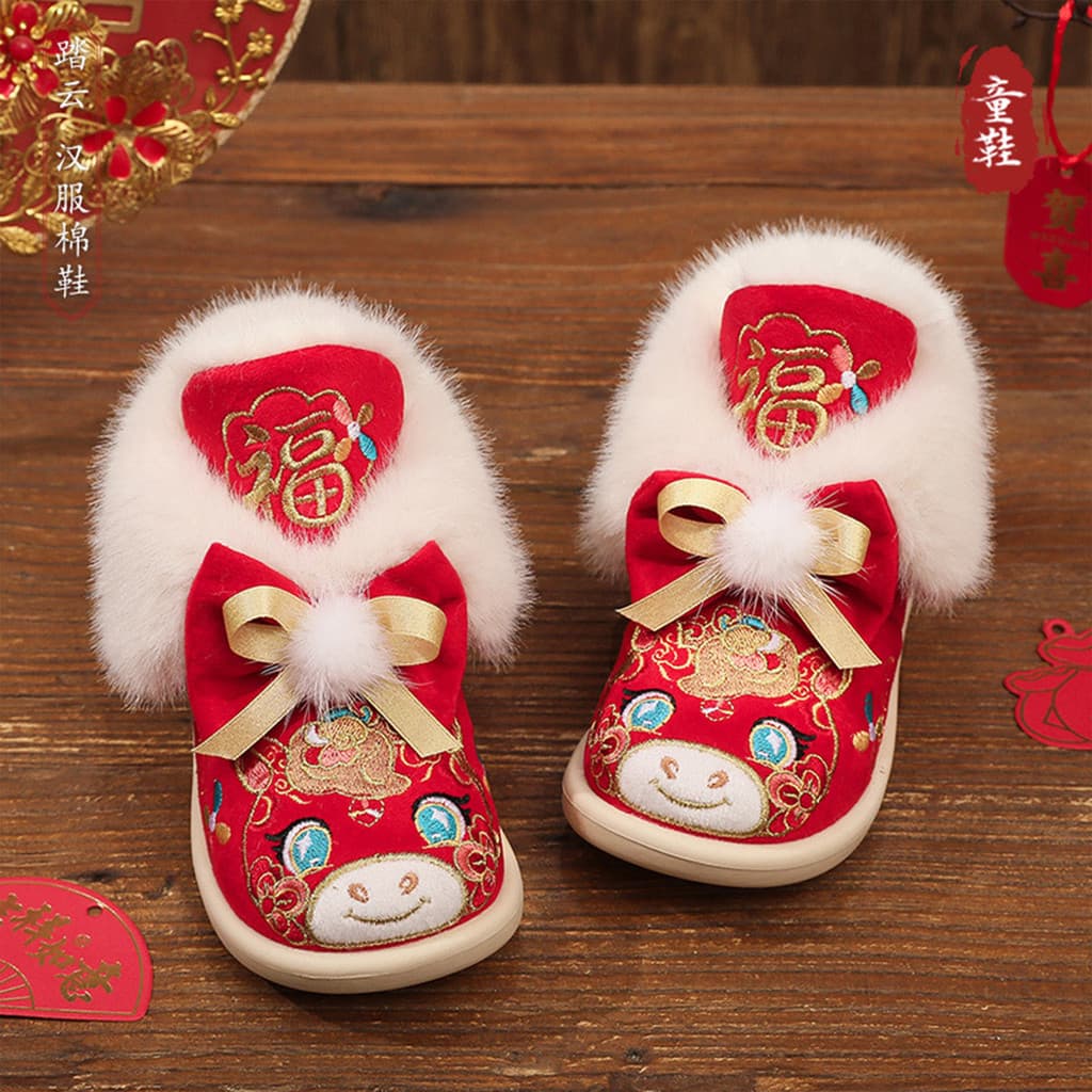 Ano do Cavalo Meninas Hanfu Sapatos Vermelho Estilo Antigo Botas Hanfu Traje Antigo Crianças Sapatos Bordados Forro de L
