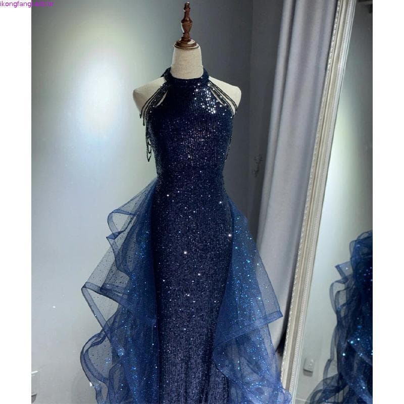Vestido de Noite Azul Mulheres 2025 Novo Luxo Leve Nicho Alta Qualidade Piano Vocal Violino Exame de Arte Apresentadora