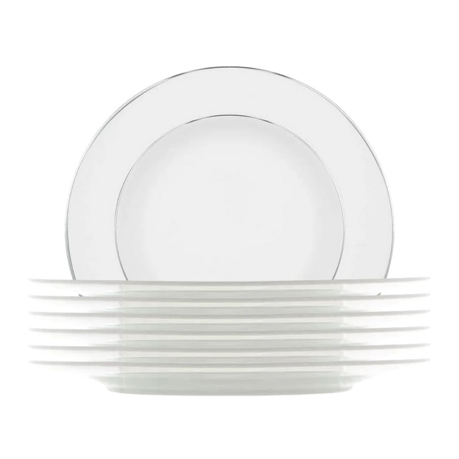 Jogo 12 Pratos de Cerâmica Porcelana Branco Borda Prateada Raso Refeição 27cm
