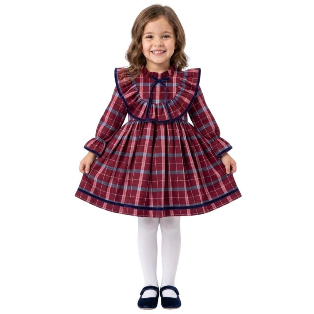 Vestido Manga Longa Xadrez Vermelho E Azul Infantil Papilloo