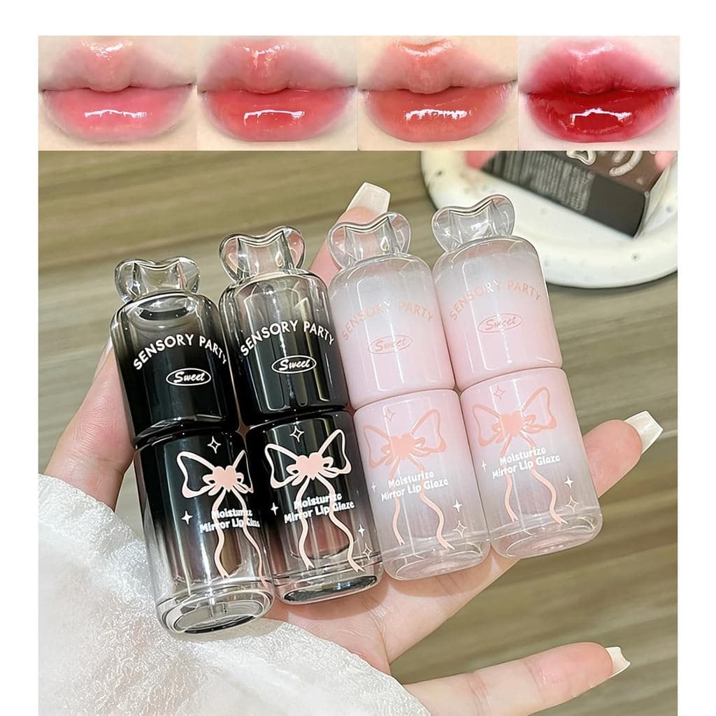 Conjunto de 4 Cores de Brilho Labial Hidratante, Brilho Labial com Efeito Espelhado e Laço Fofo, Gloss Labial Jelly Waye