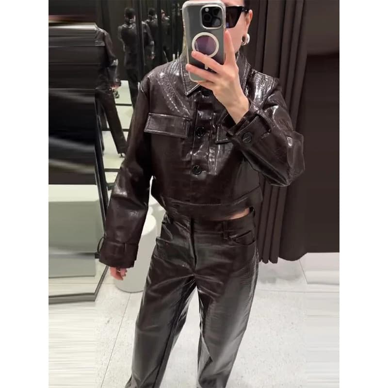Conjunto de Jaqueta Curta de Couro e Calças Femininas, Jaqueta Cropped com Lapela e Fechamento Simples, Calças Retas, Mo