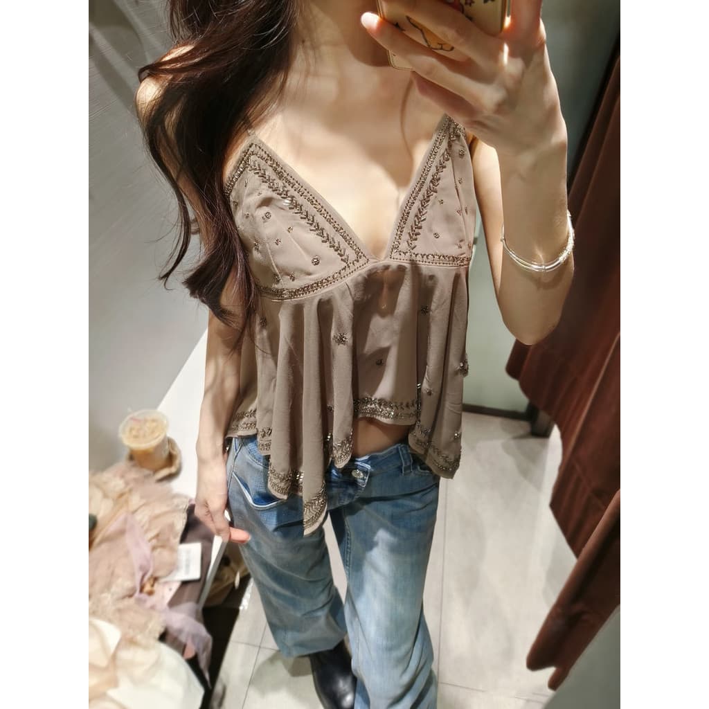 Estilo europeu americano ins!Camisola francesa retrô pura estilo desejo com decote em V bordada com contas 0016
