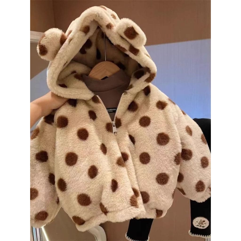 Suéter de lã infantil médio pequeno 2024 outono inverno roupas masculino feminino bebê com capuz bolinhas pele sintética