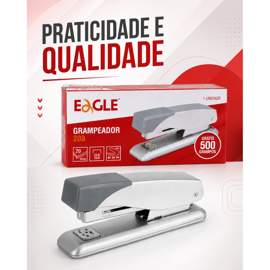 Grampeador Eagle 208 Metal 20 Folhas Com 500 Grampos