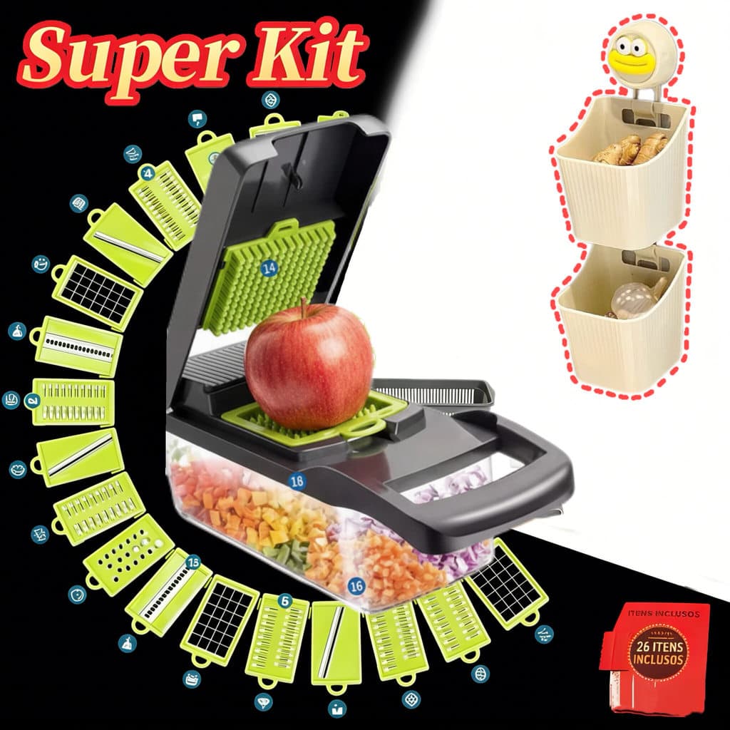 2Kit: Cortador Ralador De Alimentos 16 Em 1 + Organizador De Parede Duplo Multiuso Com Ventosa Branco