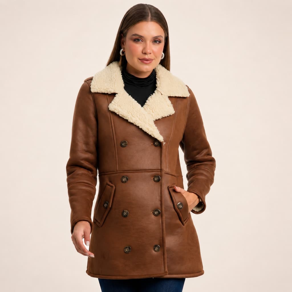 Sobretudo Feminino Alongado Com Gola Sherpa Inverno Elegante