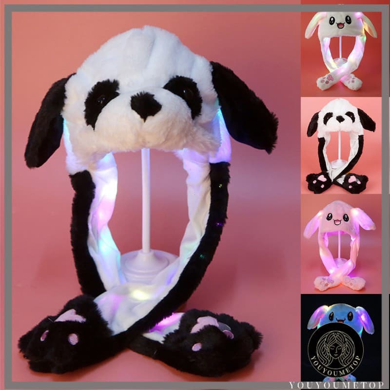 Chapéu de Animal de Pelúcia Iluminado YOUYO com Orelhas Móveis, Boné de Orelha de LED de Coelho e Panda CLY8