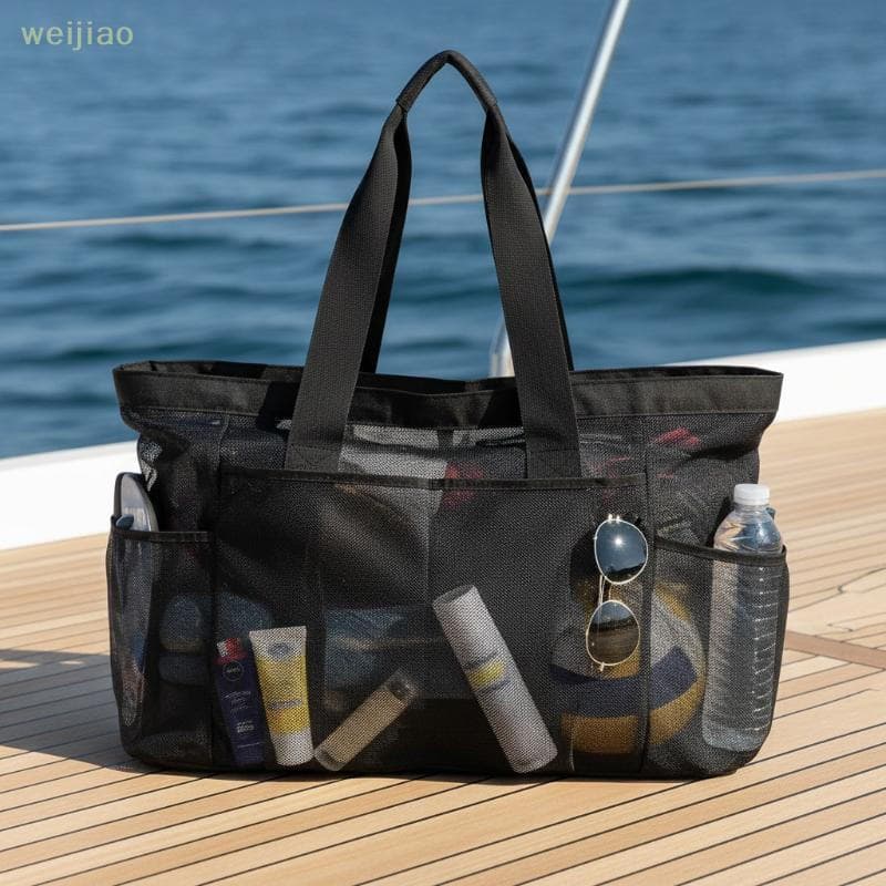 [WEI] Bolsa De Praia Extra Grande Com Design De Malha E Zíper Para Férias Em Família Poeta Lateral Conveniente Bom