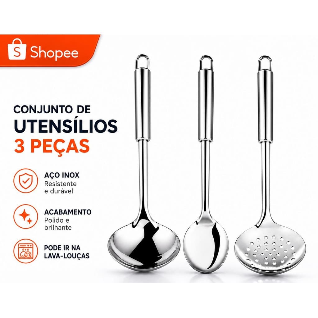 Kit Utensilios Para Cozinha Inox Concha Colher Servir Escumadeira