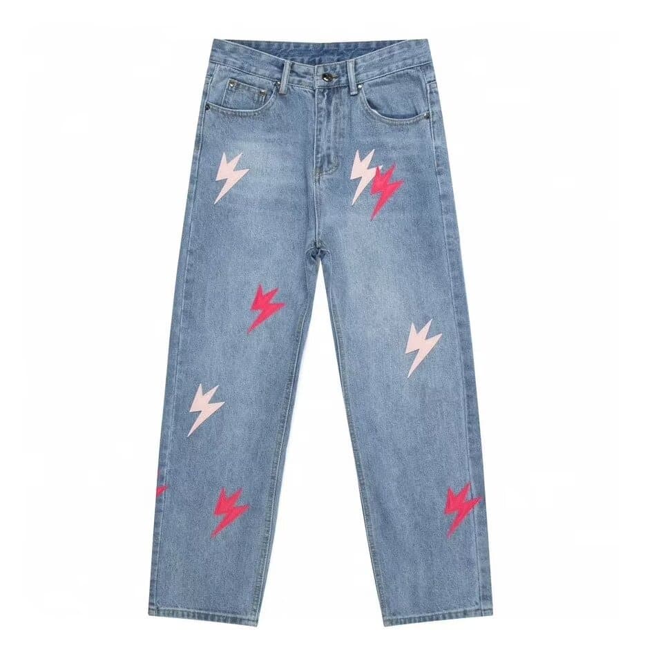 Estilo americano rua lavado angustiado relâmpago Jeans masculino primavera outono em linha reta solto europeu americano