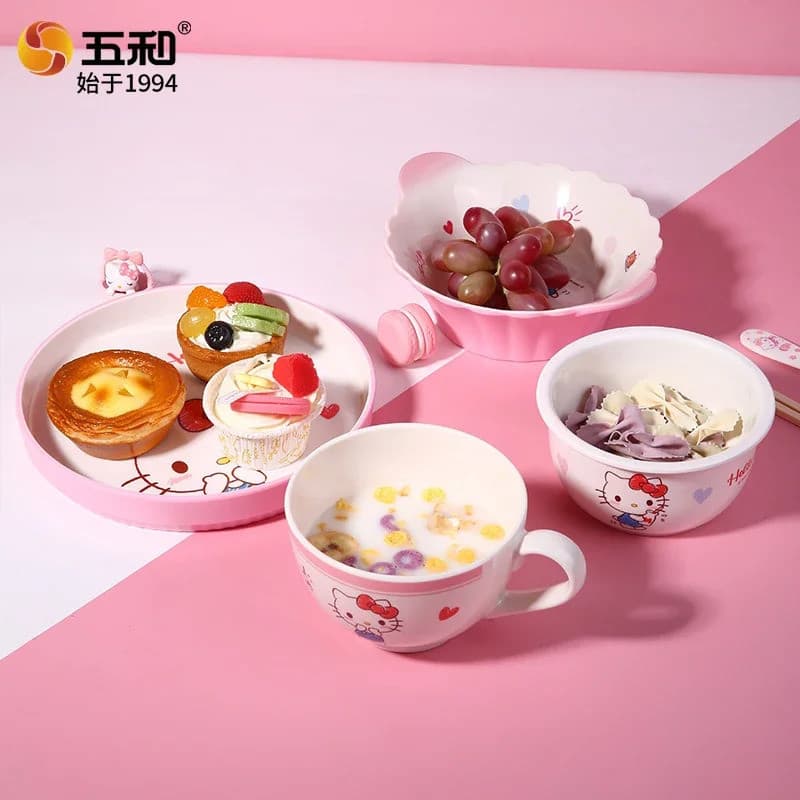 Hello Kitty Talheres Seguro E Resistente Ao Calor Prato Copo Colher Melamina Macarrão Tigela De Arroz