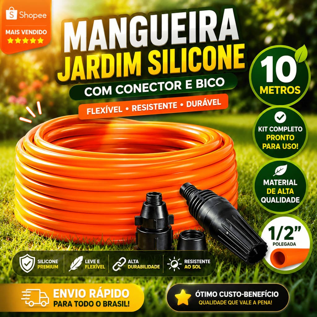 Mangueira de Jardim com Esguicho 100% Silicone 5 e 10 Metros Super Flexível e Resistente