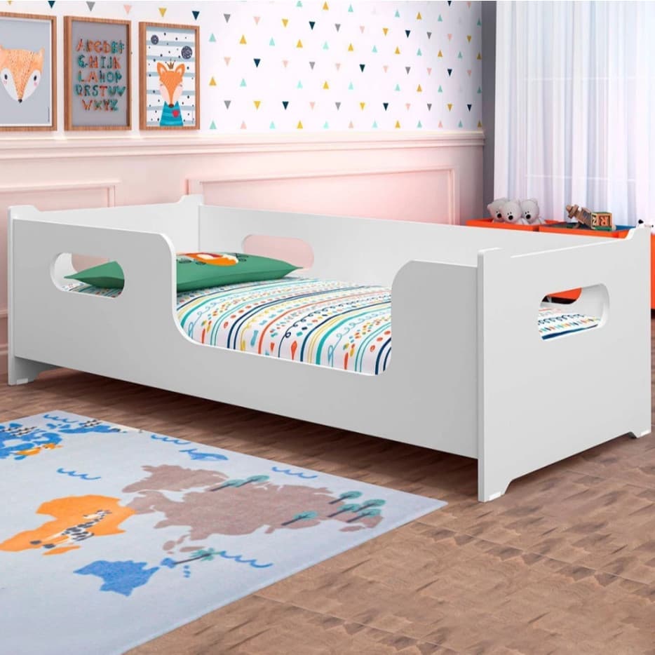 Cama Infantil Montessoriana Moderna Com Grade De Proteção Encanto Quarto Da Criança Cor Branco Caminha Berço Unissex