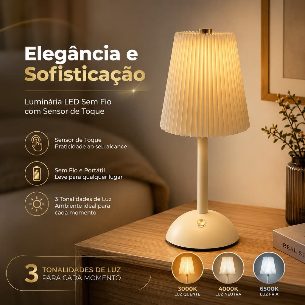 Luminária Abajur de Mesa Saia Seda Com Barra Branca Led Toque de Sensor Quarto Sem Fio 3 Cores