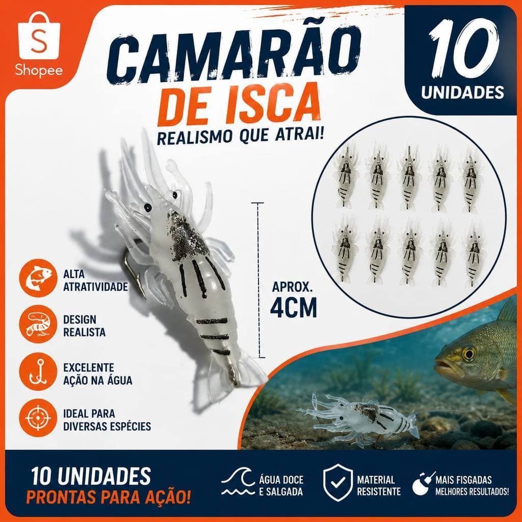 Isca Artificiais em Formato de Camarão de Silicone com Anzol de 4cm e 1,2gramas Tucunaré Traíra