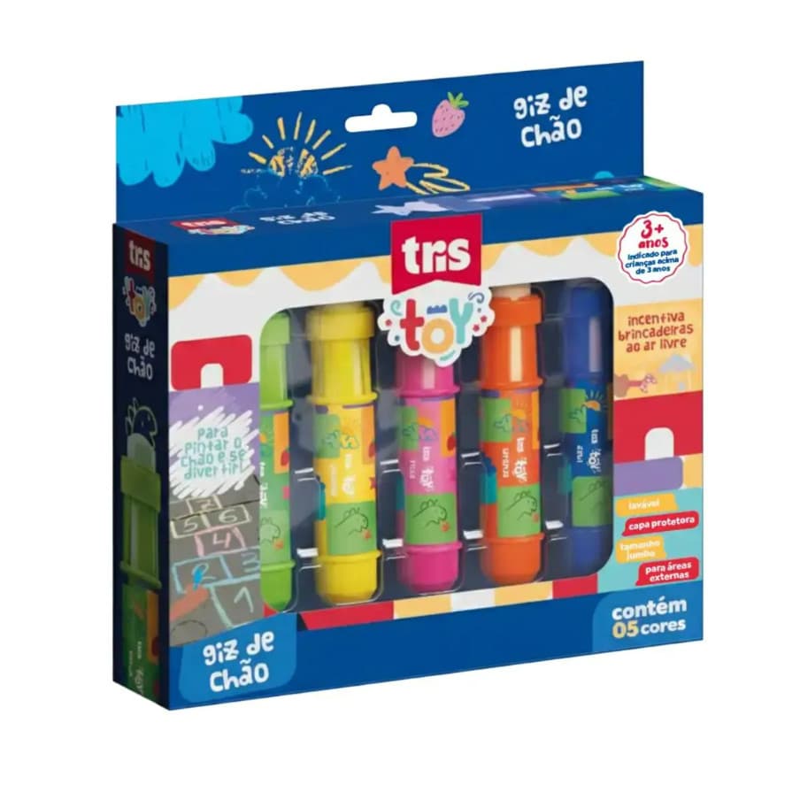 Giz de Chão Infantil 5 Cores Tris Toy Lavável Para Calçada e Asfalto