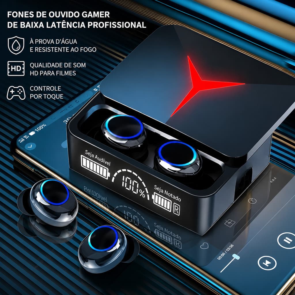 Fone Bluetooth M90 Pro TWS 5.3 Gamer HiFi Sem Fio com Display LED Type-C