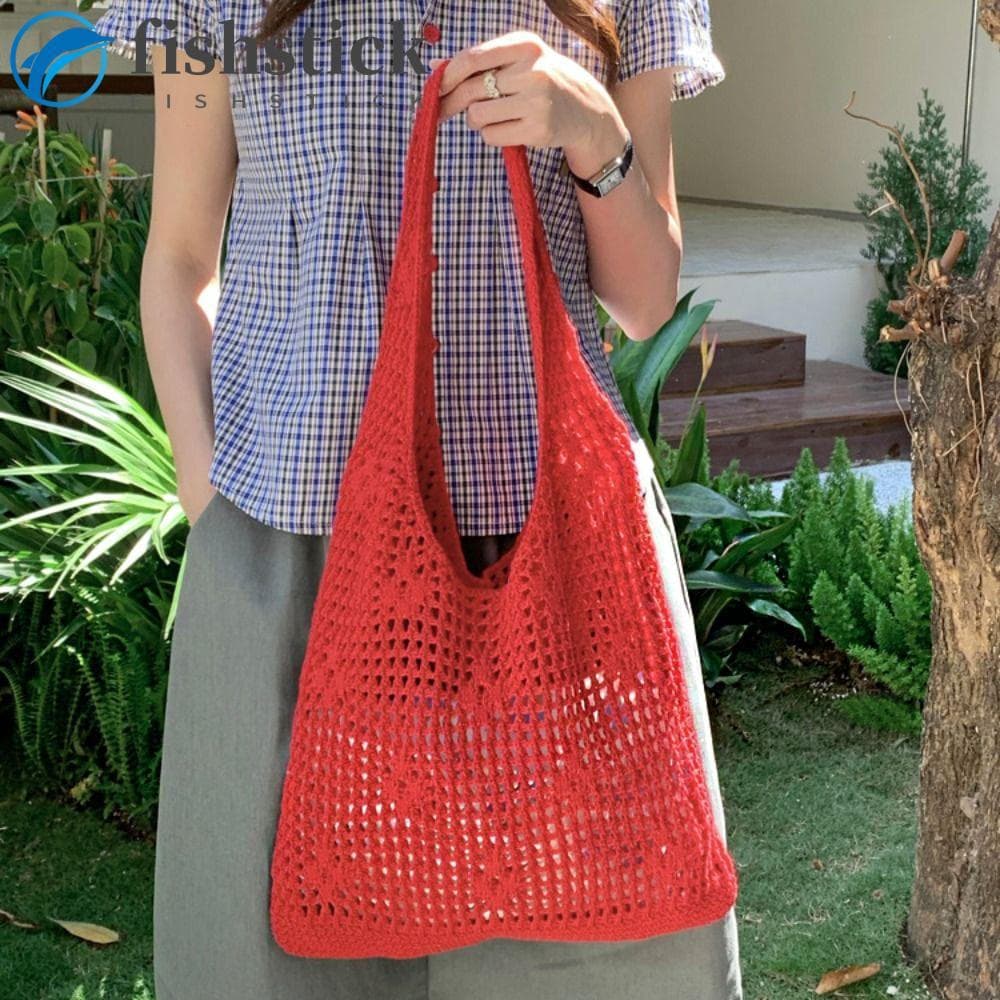 FISHSTICKA Bolsa De Malha Oca , Sacola De Flores De Crochê De Cor Sólida Estilo Coreano , Praia