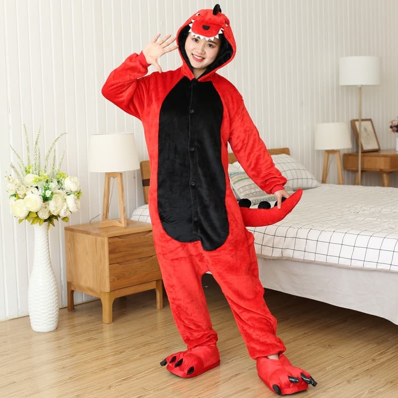 Pijama de Flanela de Dinossauro Vermelho para Adultos, Kigurumi, Macacão, Pijamas para Mulheres e Homens, Fantasias de A
