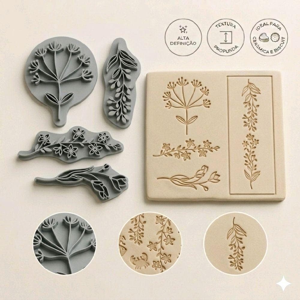 Carimbo Argila Artesanato Cerâmica Massa Polímer Clay Massinha Flores com caules