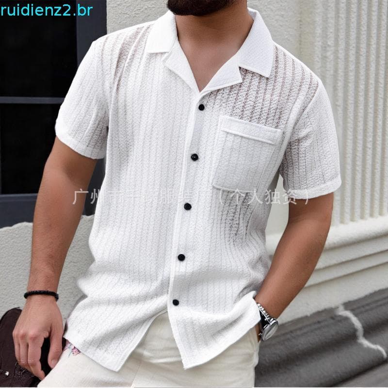 Csa Curta Feminina De Cor Sólida Elegante Casual Com Botão E Bolso Manga Média Lapela