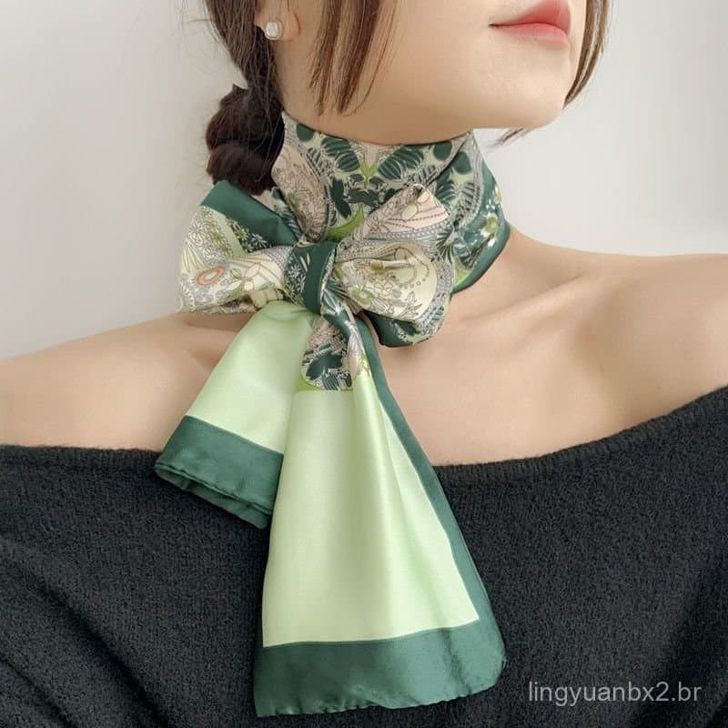 Lenço versátil de seda sintética verde estampado para mulheres, lenço de pescoço pequeno e elegante, laço para bolsa, le