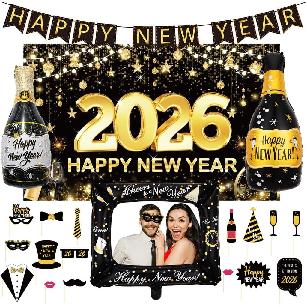 Decorações de Feliz Ano Novo 2026 - 21 Peças, Faixa de Ano Novo 2026, Balões, Acessórios para Cabine de Fotos, Fundo par