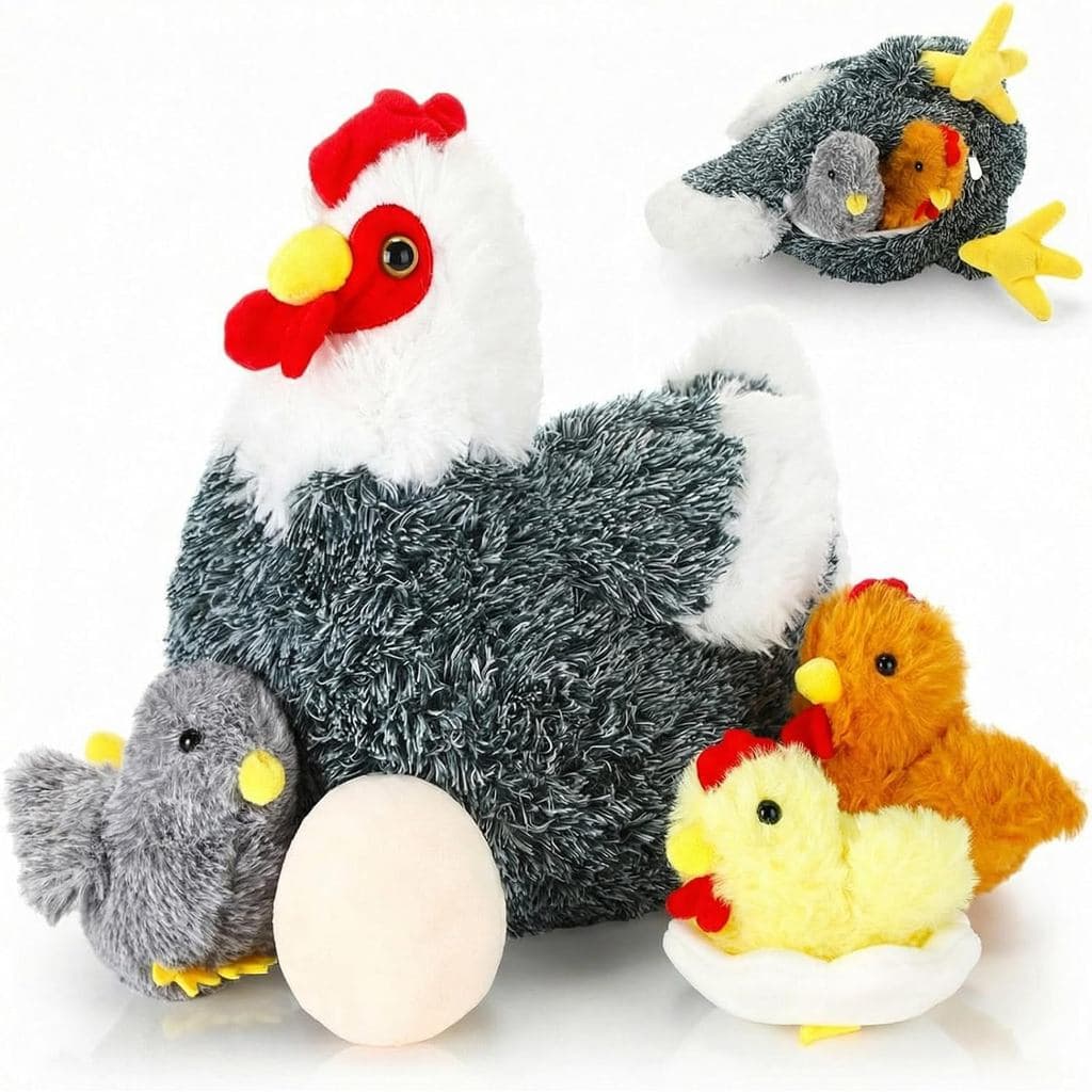 Skylety 5 Peças Galinha de Pelúcia de 12 Polegadas com Ovos e Ninho, Brinquedo de Pelúcia Fofo, Presente para Festa de P