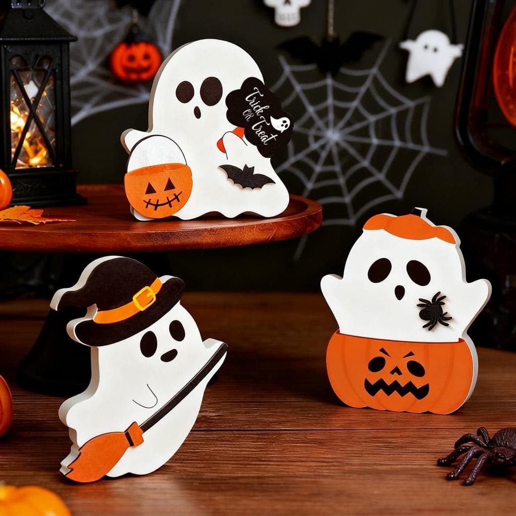 Decorações de Halloween Fofas para Interiores, 3 Peças de Decoração de Halloween em Madeira com Tema de Fantasmas para M