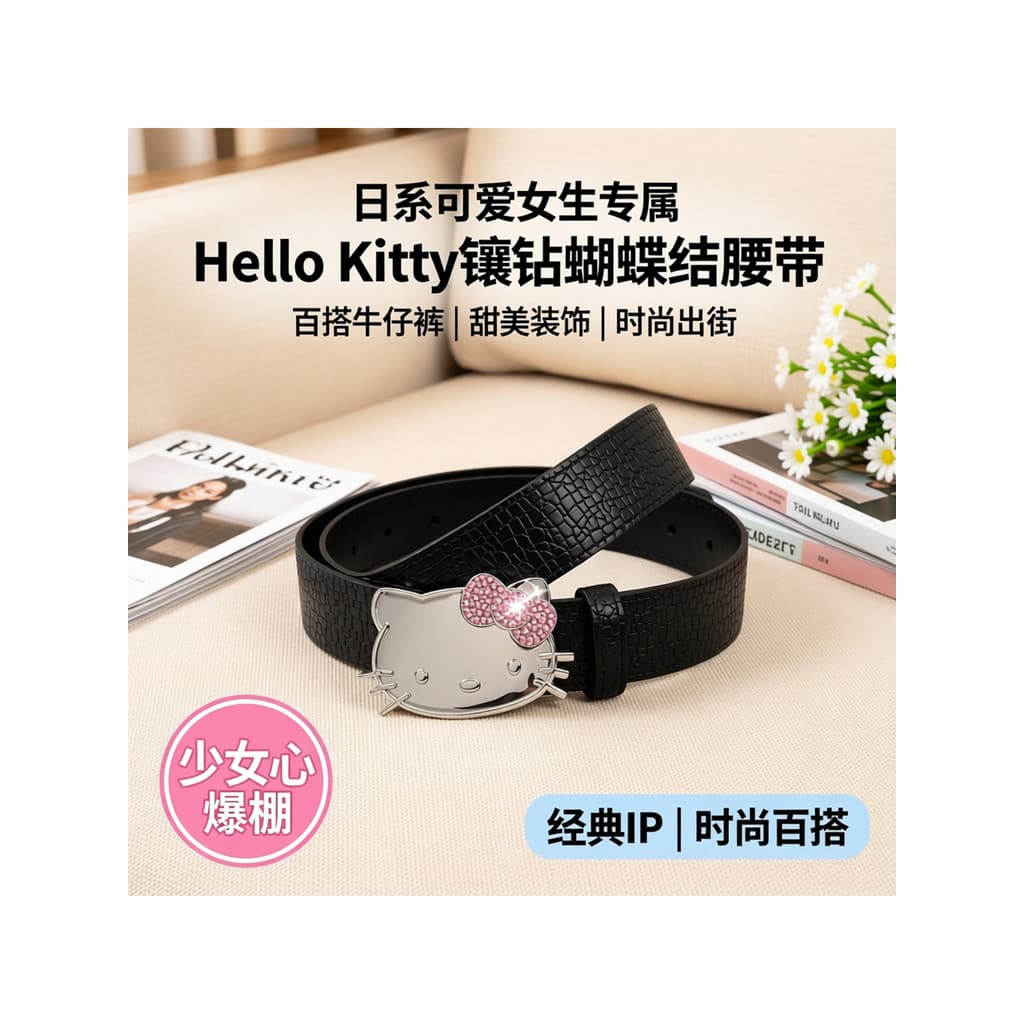 Laço de gato HelloKitty de menina fofa japonesa com cinto de diamante decoração Jeans combinada