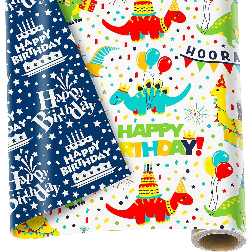 MotiGiftie Papel de Presente Reversível com Dinossauros para Aniversário de Meninos e Meninas - Design Colorido de Dinos