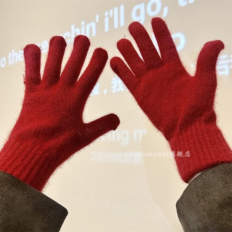Benming ano vermelho coelho lã malha luvas de lã feminino 2026 inverno engrossado quente à prova de frio cinco dedos equ