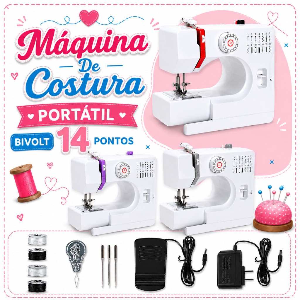 Máquina de Costura Multifuncional com 14 Pontos Bivolt 110v/220v